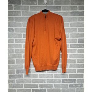Neiman Marcus Mens Knit Orange Fall Merino Wool  1/4 Zip Pullover Sweater Size M